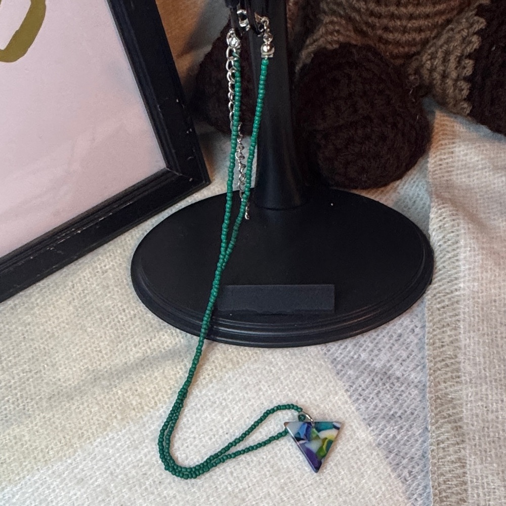 Green Beaded Necklace with Geometric Pendant